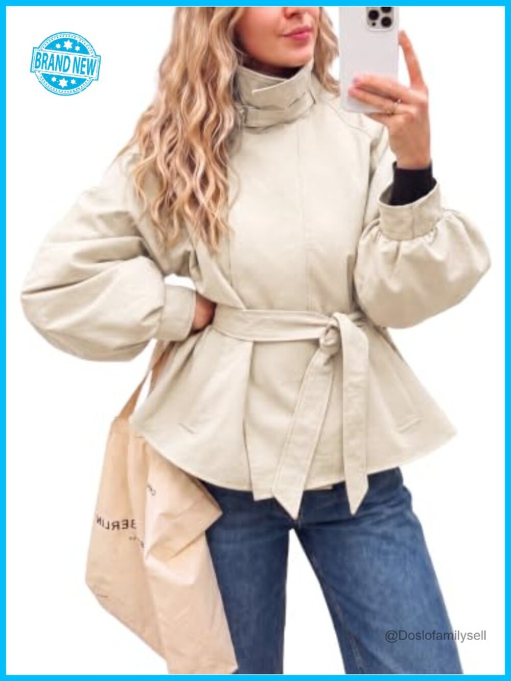 Cropped Trench Coat Lightweight Short Jacket Oversized Lantern Sleeve